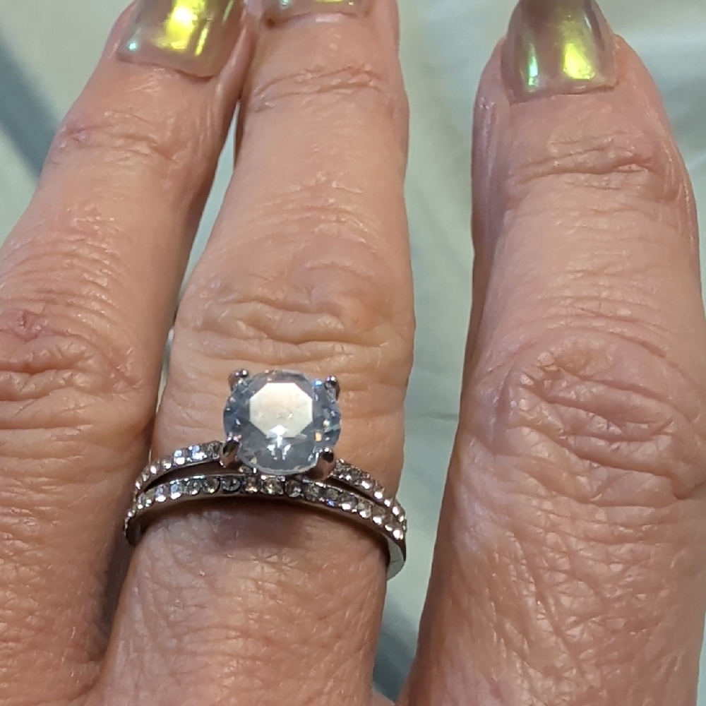 Silver Diamond Simulant Wedding Set Rings